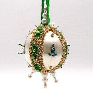 Vintage Green and White Round Christmas Ornament